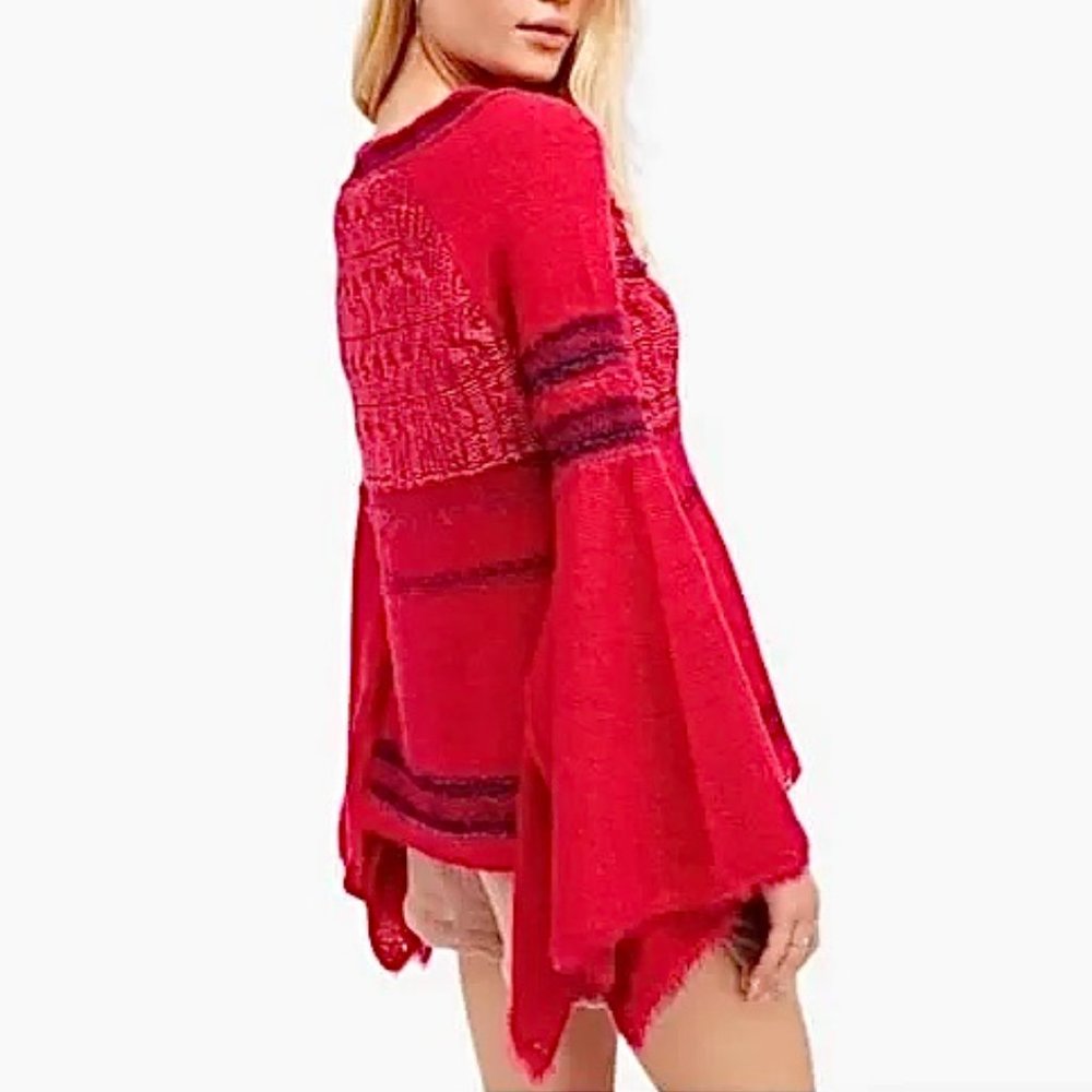 Free People Craft Time Boho Bell Sleeve Pink Sweater Alpaca Wool Mohair - Picture 9 of 9